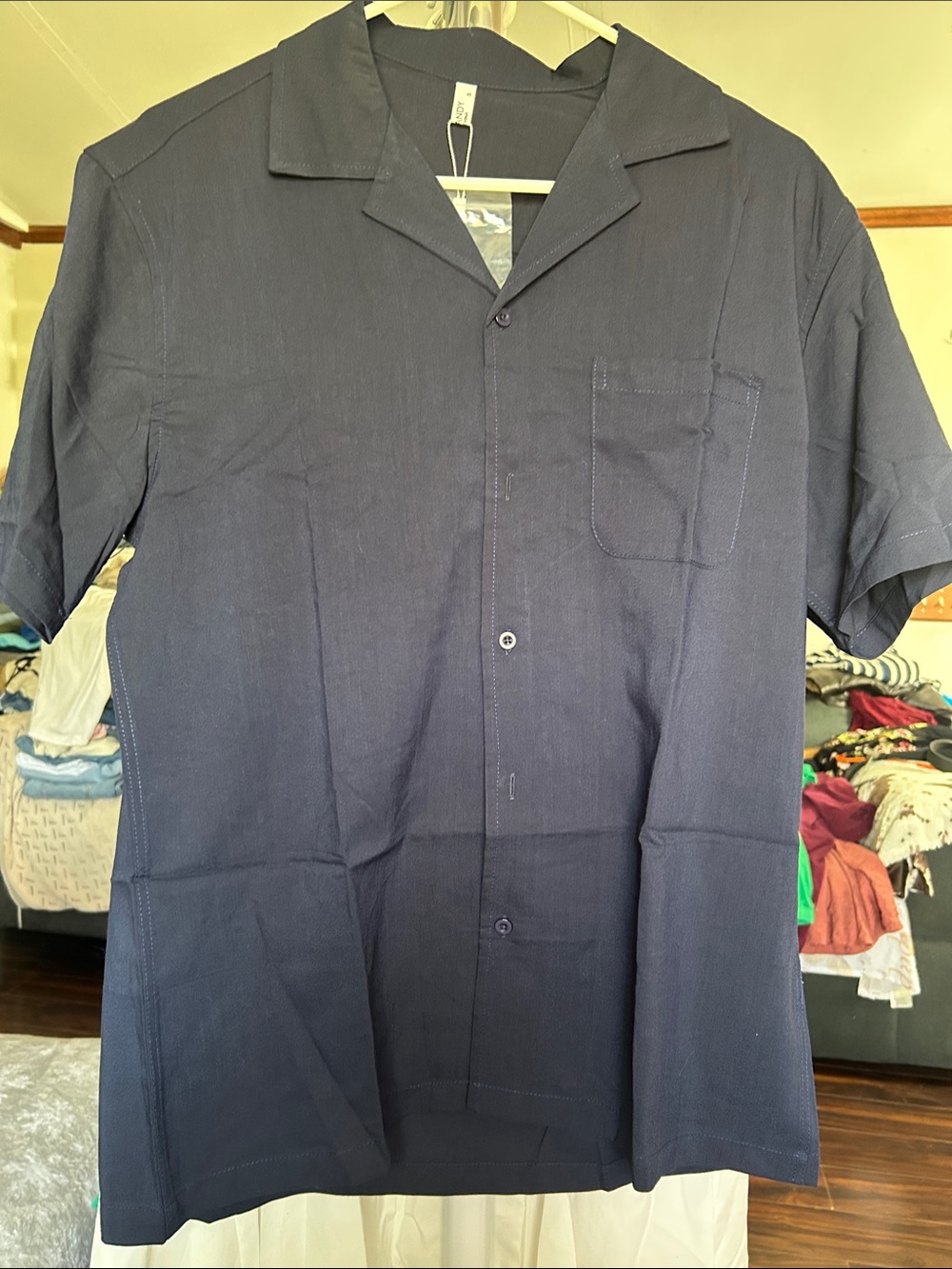 Men's Navy Short-Sleeve Button-Down Camp Collar Shirt